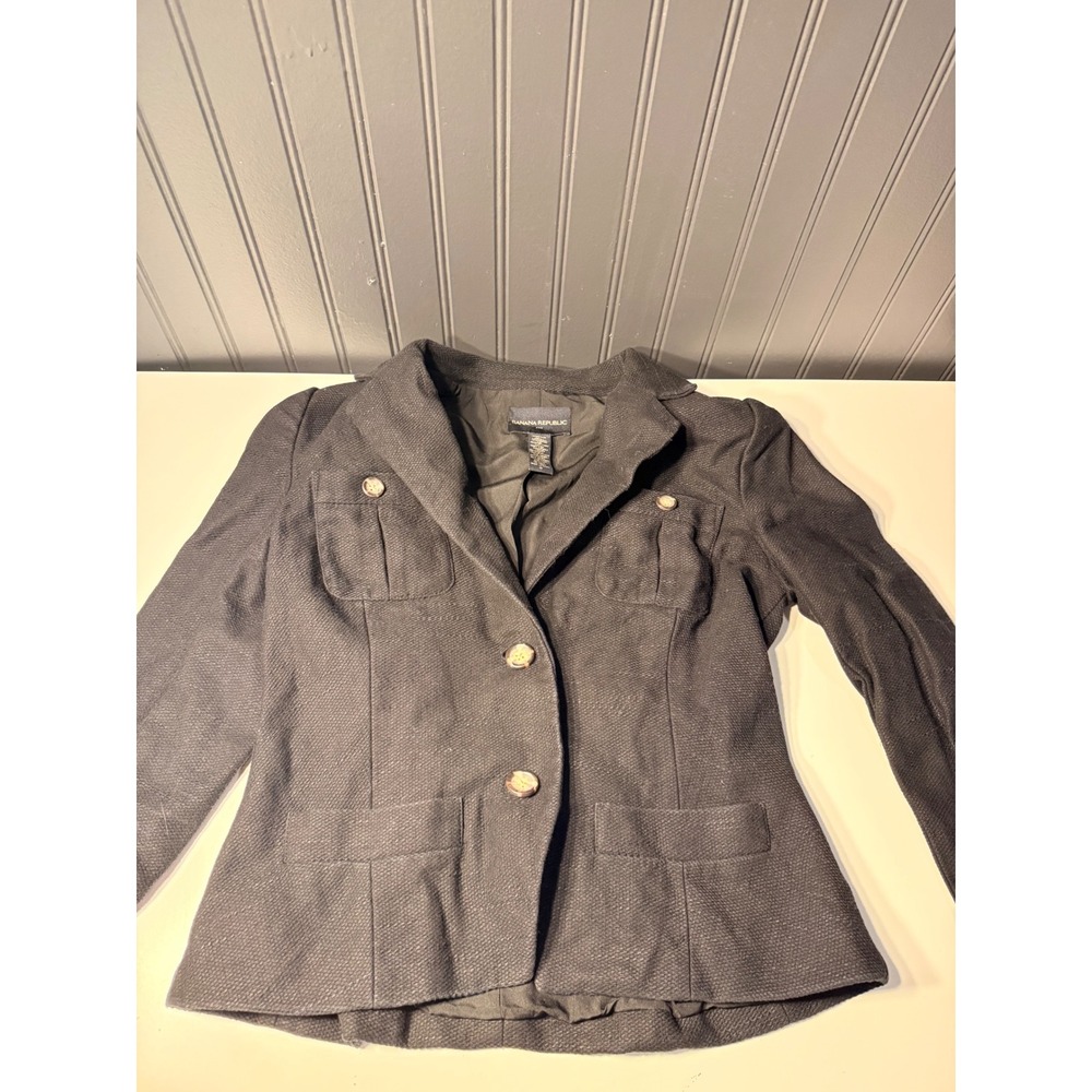 Banana Republic Womens Size 6 Black Linen Cotton Blend Textured Blazer Jacket